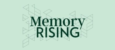 Memory Rising logo. The word 'Memory' is on top of the word 'Rising' with a pattern of triangles as a design feature in the background.