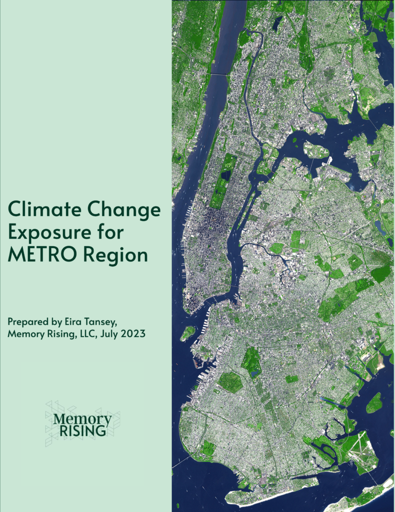 Image of cover for METRO report. Title is "Climate Change Exposure for METRO region" and there is a satellite image of New York City.